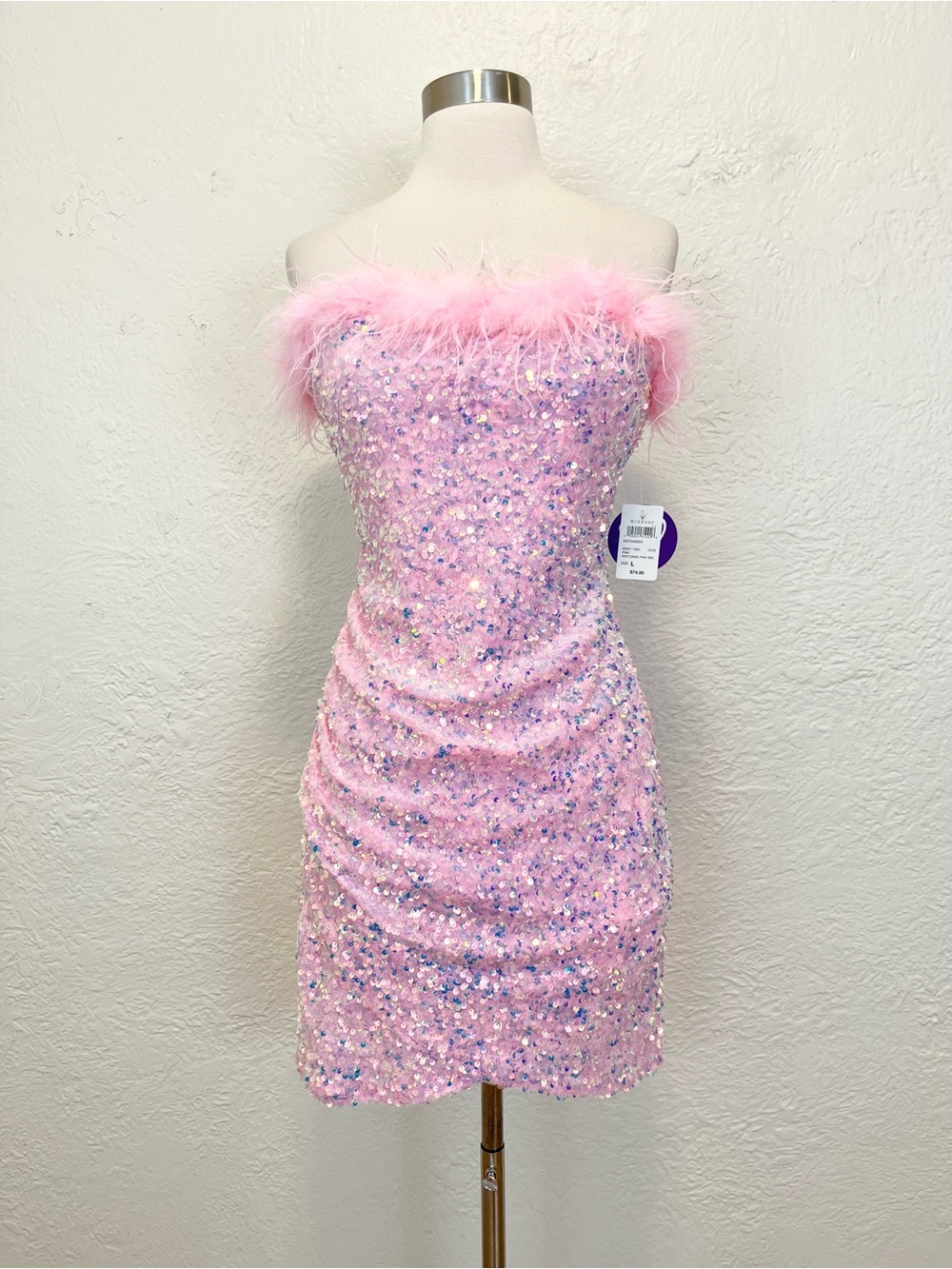 Windsor Pink Sequin Feather Strapless Mini Dress